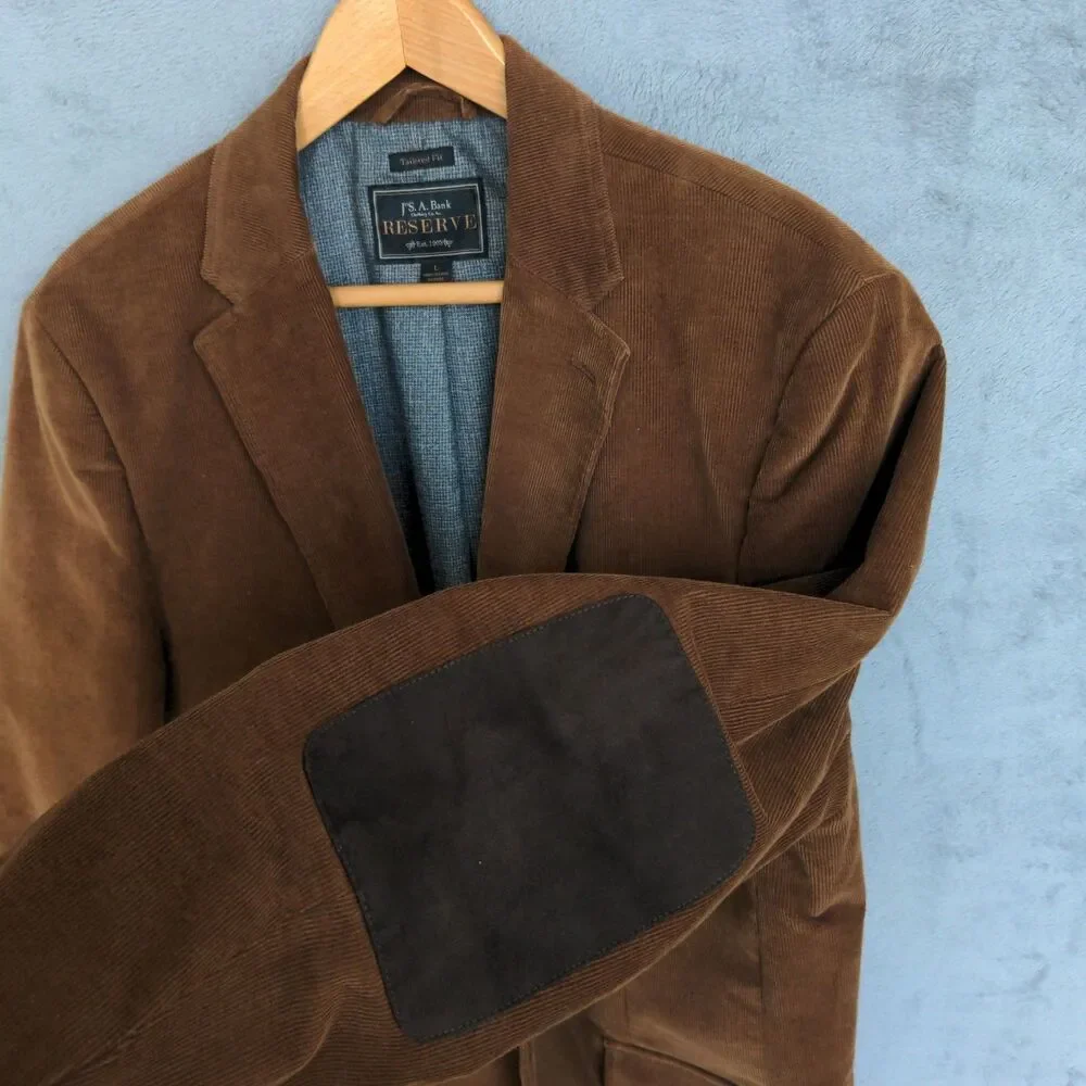 Jos A Bank Reserve Tailored Fit Corduroy Blazer Sz L Brown Elbow Patch Academia